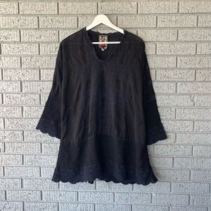 Johnny Was Black Leena Cupra Embroidered Lace Trim Tunic Blouse Size Small